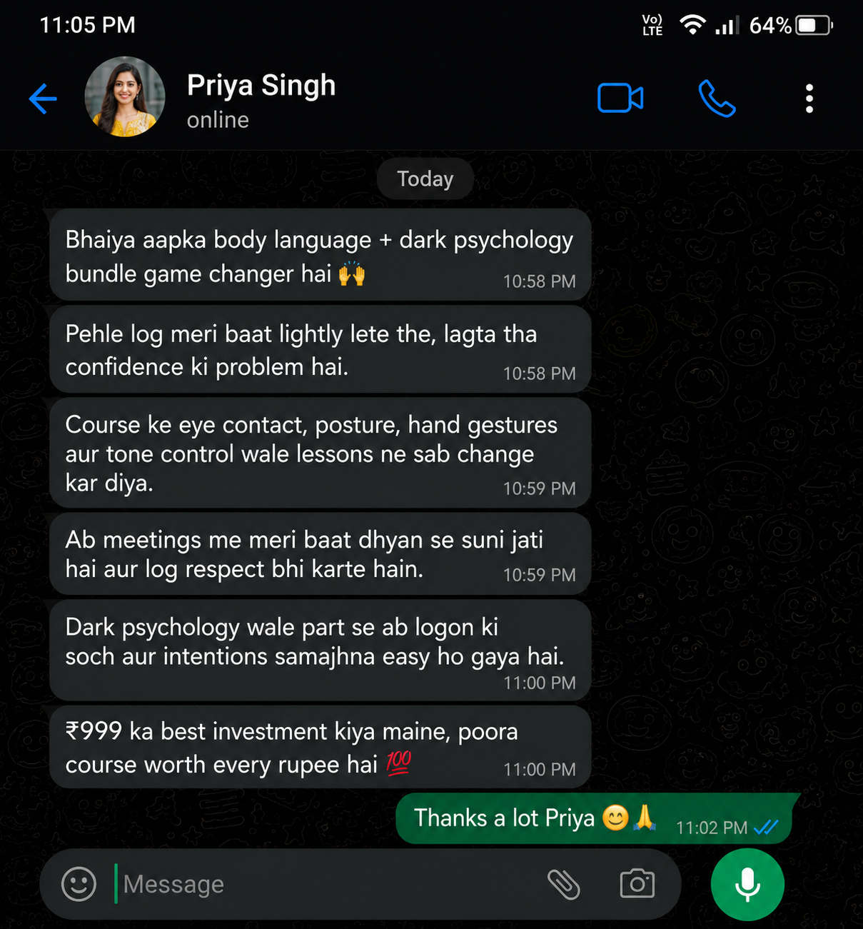WhatsApp testimonial from Priya Singh