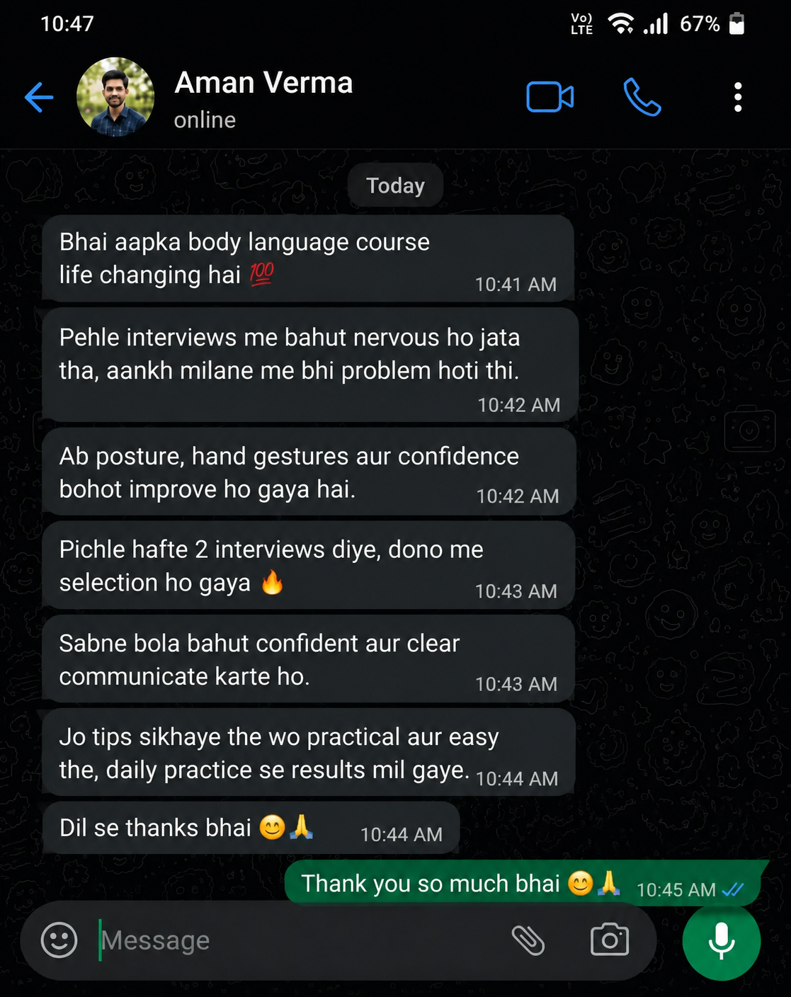 WhatsApp testimonial from Aman Verma