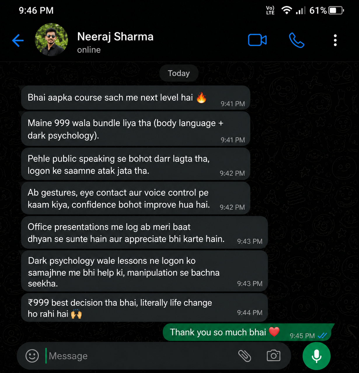 WhatsApp testimonial from Neeraj Sharma