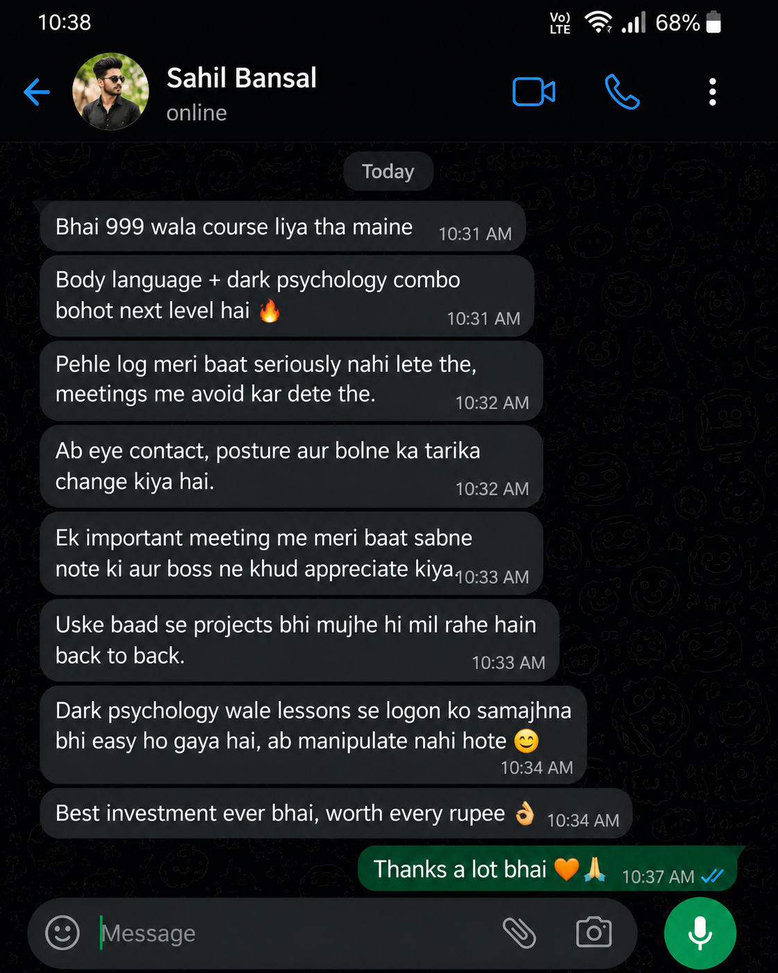 WhatsApp testimonial from Sahil Bansal
